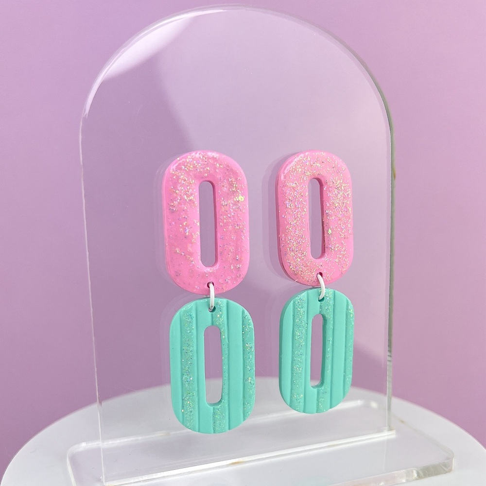 Double Oval Design Handmade Polymer Clay Dangle Earrings